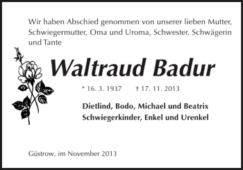 Traueranzeige von Waltraud Badur von Güstrower Anzeiger