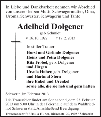 Traueranzeige von Adelheid Dolgener von Zeitung für die Landeshauptstadt