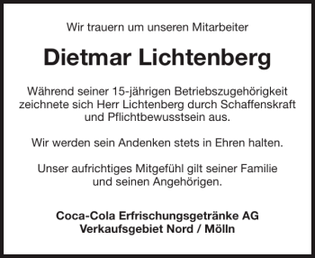 Traueranzeige von Dietmar Lichtenberg von Hagenower Kreisblatt