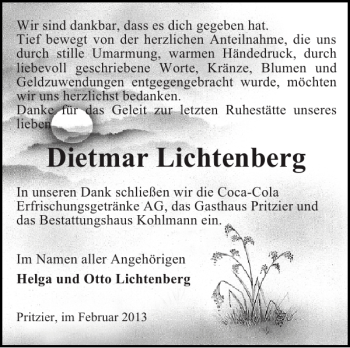 Traueranzeige von Dietmar Lichtenberg von Hagenower Kreisblatt