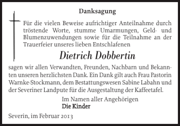 Traueranzeige von Dietrich Dobbertin von Parchimer Zeitung