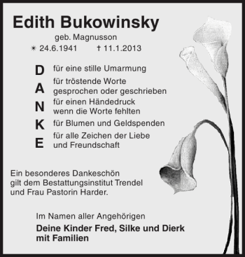 Traueranzeige von Edith Bukowinsky von Zeitung für die Landeshauptstadt