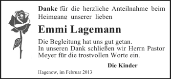 Traueranzeige von Emmi Lagemann von Hagenower Kreisblatt