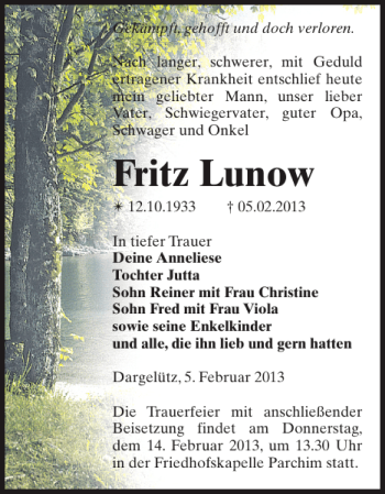 Traueranzeige von Fritz Lunow von Parchimer Zeitung