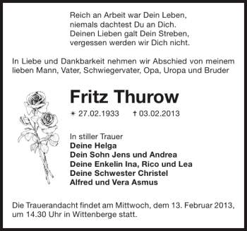 Traueranzeige von Fritz Thurow von Der Prignitzer