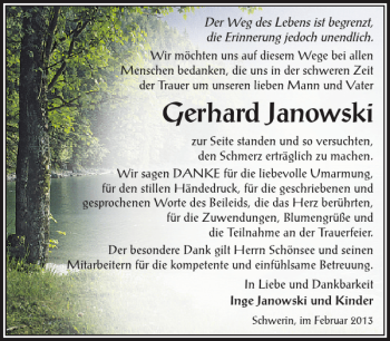 Traueranzeige von Gerhard Janowski von Zeitung für die Landeshauptstadt