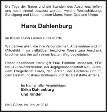 Traueranzeige von Hans Dahlenburg von Hagenower Kreisblatt