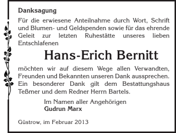 Traueranzeige von Hans-Erich Bernitt von Güstrower Anzeiger