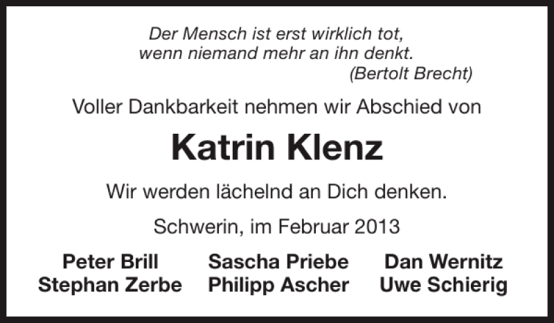  Traueranzeige für Katrin Klenz vom 13.02.2013 aus Zeitung für die Landeshauptstadt