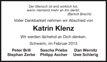 Traueranzeige von Katrin Klenz von Zeitung für die Landeshauptstadt