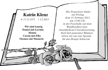 Traueranzeige von Katrin Klenz von Zeitung für die Landeshauptstadt