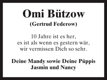 Traueranzeige von Omi Bützow von Bützower Zeitung