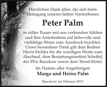 Traueranzeige von Peter Palm von Zeitung für die Landeshauptstadt