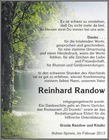 Traueranzeige von Reinhard Randow von Güstrower Anzeiger