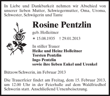 Traueranzeige von Rosine Pentzlin von Zeitung für die Landeshauptstadt