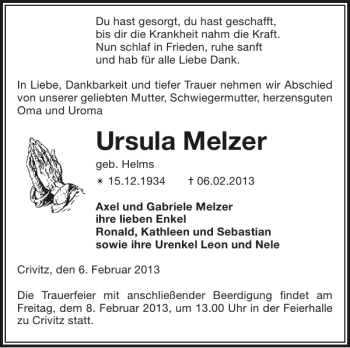 Traueranzeige von Ursula Melzer von Zeitung für die Landeshauptstadt