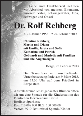 Traueranzeige von Dr. Rolf Rehberg von Der Prignitzer