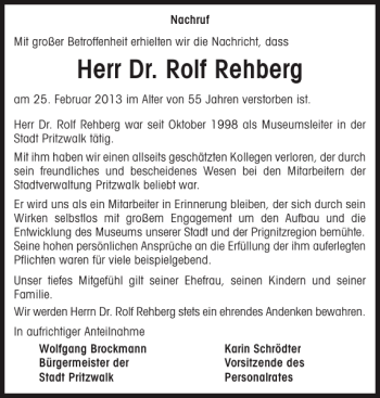 Traueranzeige von Dr. Rolf Rehberg von Der Prignitzer