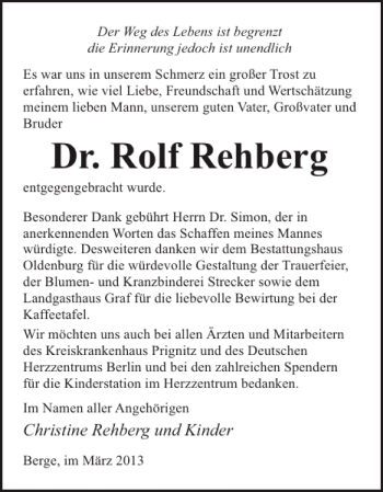 Traueranzeige von Dr. Rolf Rehberg von Der Prignitzer