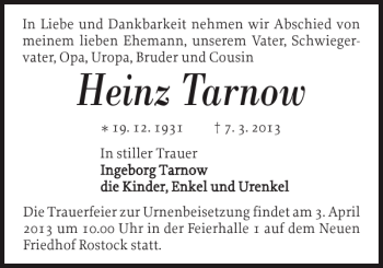 Traueranzeige von Heinz Tarnow von Norddeutsche Neueste Nachrichten