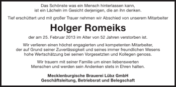 Traueranzeige von Holger Romeiks von Zeitung für Lübz - Goldberg - Plau