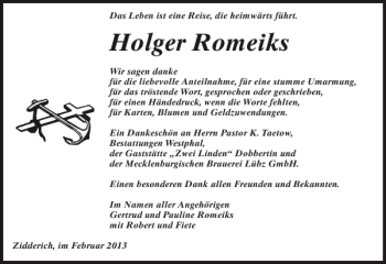 Traueranzeige von Holger Romeiks von Zeitung für Lübz - Goldberg - Plau