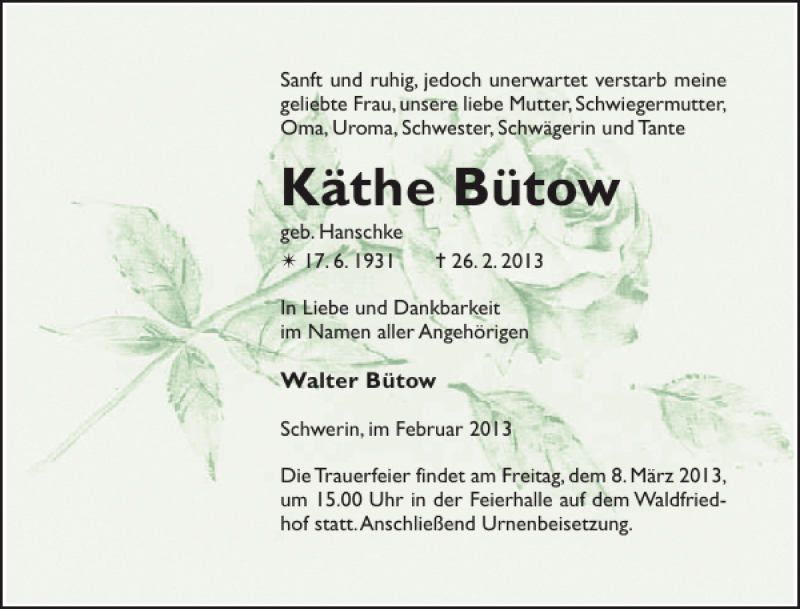  Traueranzeige für Käthe Bütow vom 02.03.2013 aus Zeitung für die Landeshauptstadt