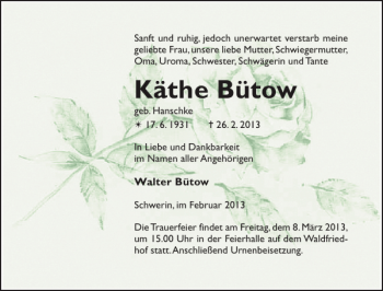 Traueranzeige von Käthe Bütow von Zeitung für die Landeshauptstadt