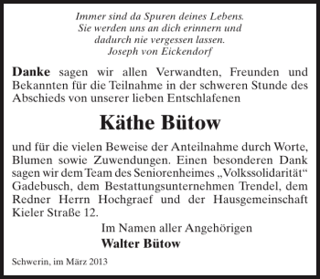 Traueranzeige von Käthe Bütow von Zeitung für die Landeshauptstadt