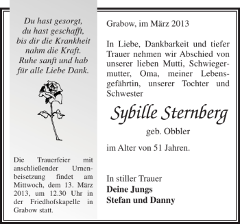 Traueranzeige von Sybille Sternberg von Ludwigsluster Tageblatt