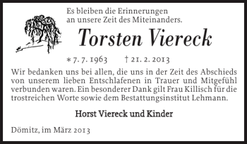 Traueranzeige von Torsten Viereck von Ludwigsluster Tageblatt