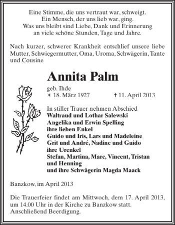 Traueranzeige von Annita Palm von Zeitung für die Landeshauptstadt