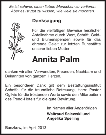 Traueranzeige von Annita Palm von Zeitung für die Landeshauptstadt