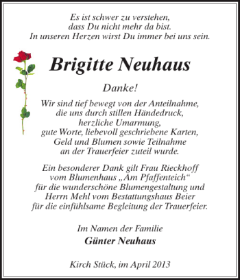 Traueranzeige von Brigitte Neuhaus von Zeitung für die Landeshauptstadt