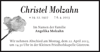 Traueranzeige von Christel Molzahn von Güstrower Anzeiger