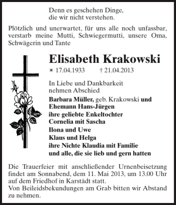 Traueranzeige von Elisabeth Krakowski von Der Prignitzer