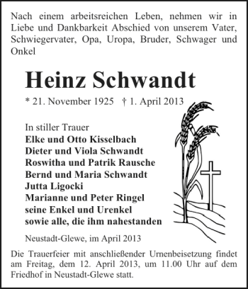 Traueranzeige von Heinz Schwandt von Ludwigsluster Tageblatt