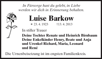 Traueranzeige von Luise Barkow von Norddeutsche Neueste Nachrichten