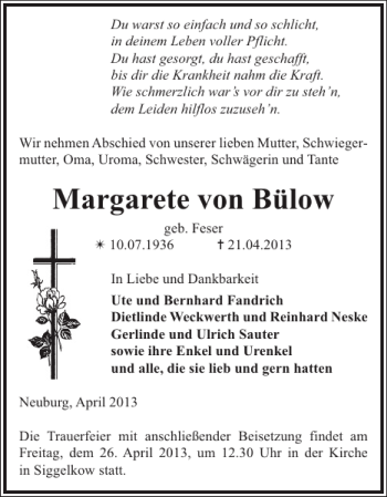 Traueranzeige von Margarete von Bülow von Parchimer Zeitung