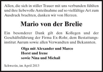 Traueranzeige von Mario von der Brelie von Zeitung für die Landeshauptstadt