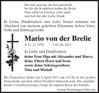 Traueranzeige von Mario von der Brelie von Zeitung für die Landeshauptstadt