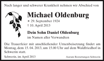 Traueranzeige von Michael Oldenburg von Zeitung für die Landeshauptstadt