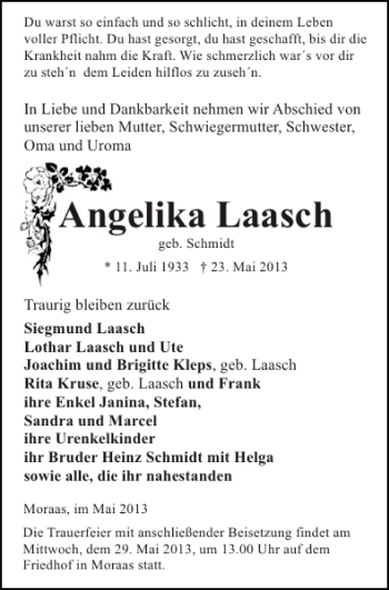 Traueranzeige von Angelika Laasch von Hagenower Kreisblatt