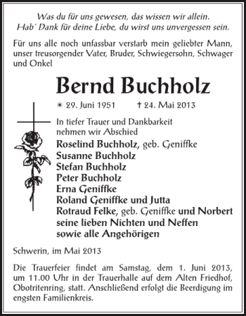 Traueranzeige von Bernd Buchholz von Zeitung für die Landeshauptstadt