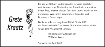 Traueranzeige von Grete Kraatz von Güstrower Anzeiger