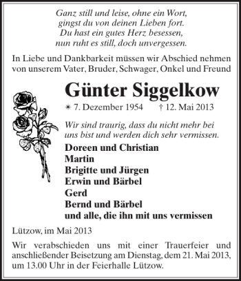 Traueranzeige von Günter Siggelkow von Gadebusch-Rehnaer Zeitung