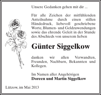 Traueranzeige von Günter Siggelkow von Gadebusch-Rehnaer Zeitung