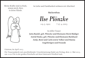 Traueranzeige von Ilse Plönzke von Güstrower Anzeiger