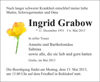 Traueranzeige von Ingrid Grabow von Der Prignitzer