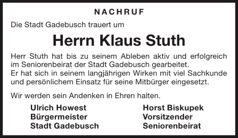  Traueranzeige für Klaus Stuth vom 25.05.2013 aus Gadebusch-Rehnaer Zeitung